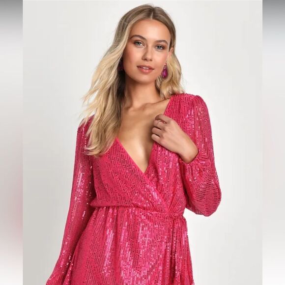 Glamorous LuLus Hot Pink Sequin Faux-Wrap Romper- NWT - Picture 2 of 15